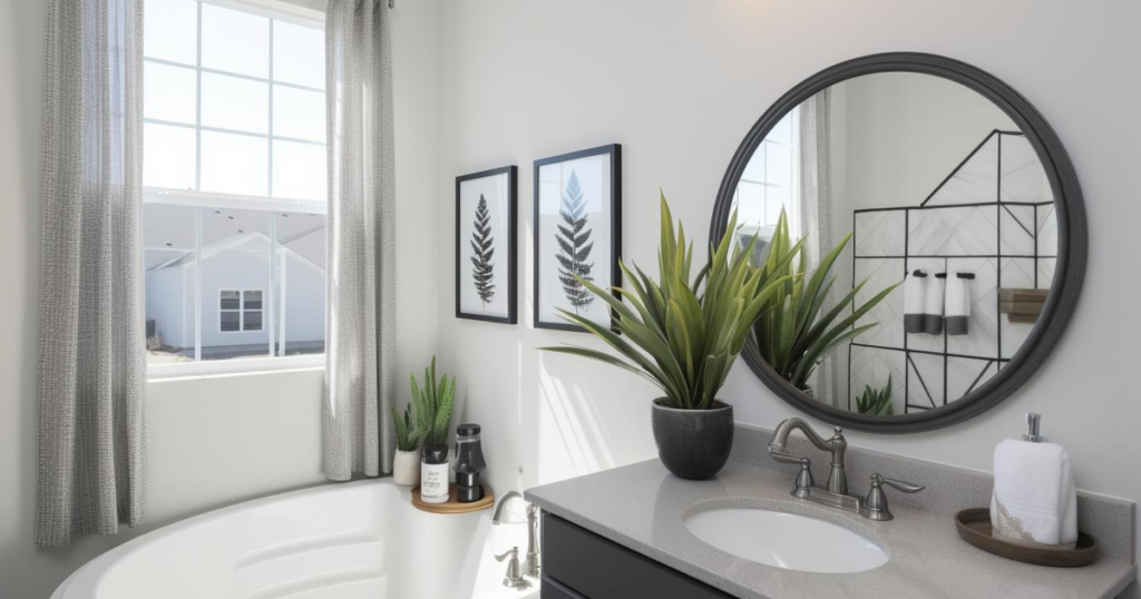 Banheiro pequeno decorado com espelho redondo grande, plantas e luz natural — ambiente amplo sem reforma