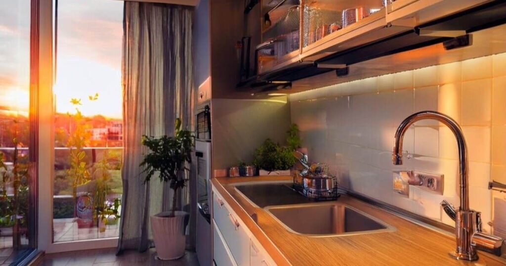 Dicas de decoração para cozinha pequena e funcional com iluminação embutida e bancada organizada.