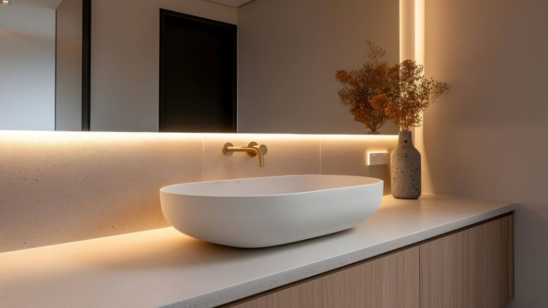 Banheiro com iluminação indireta LED atrás do espelho e bancada com luz quente aconchegante