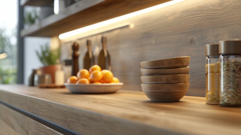 Iluminação de bancada com fita de LED quente em cozinha aconchegante