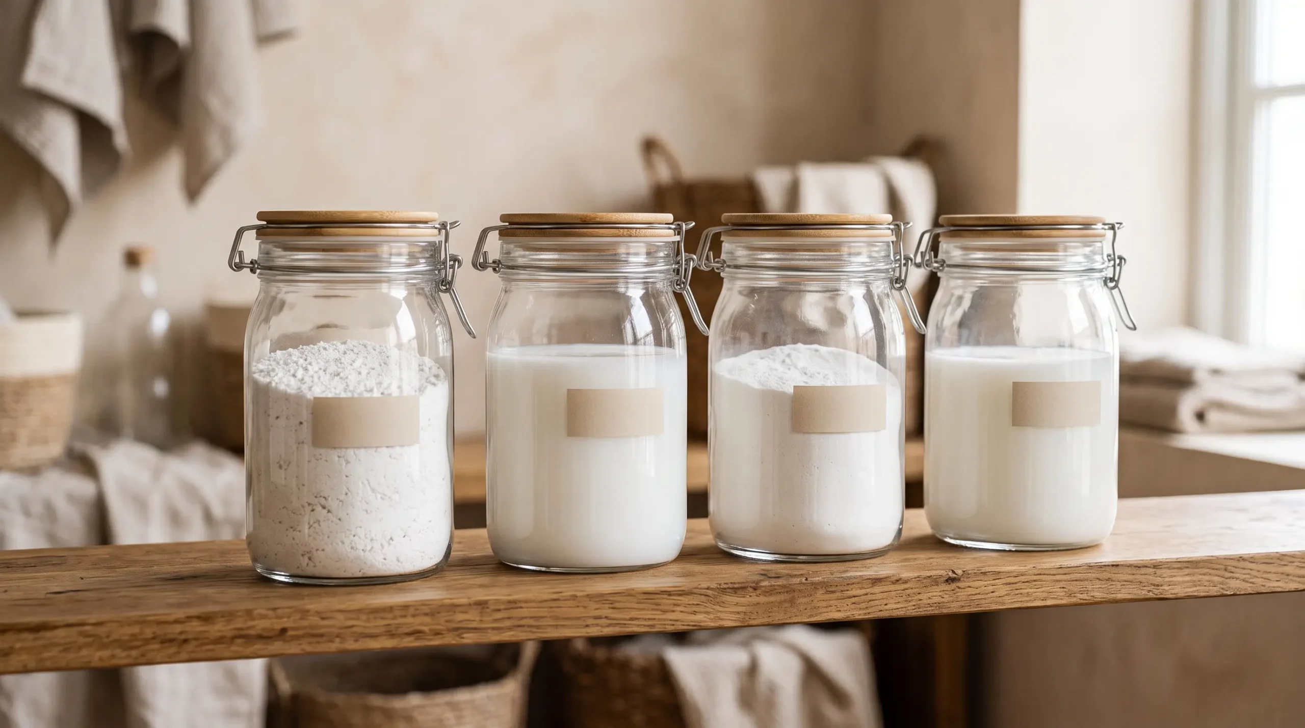 Organizadores transparentes para produtos de limpeza na área de serviço