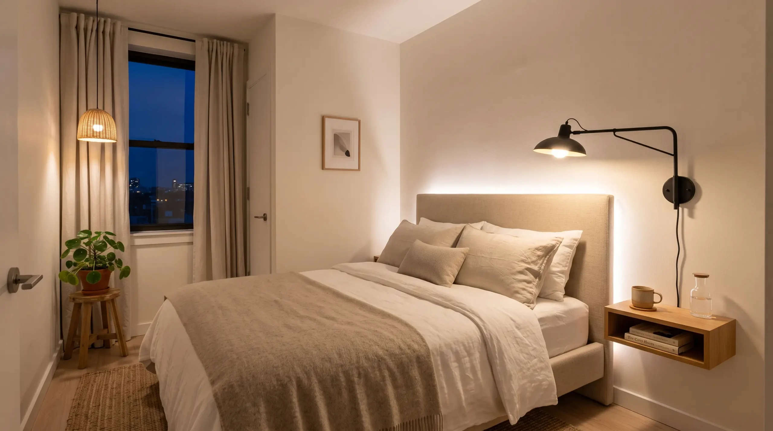 Iluminacao em camadas com luz quente em quarto pequeno