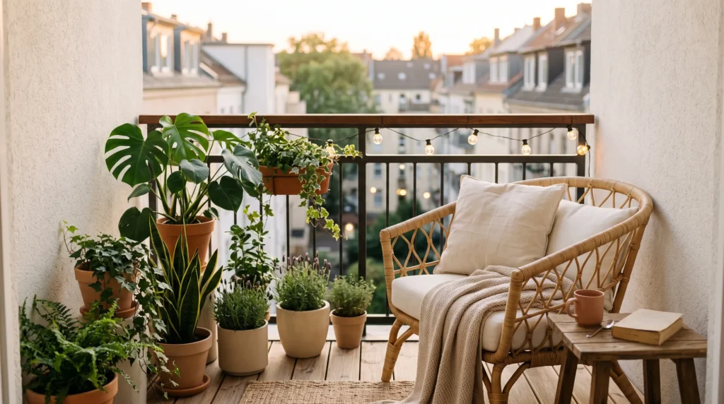Decorar varanda pequena sem reforma com poltrona, almofadas e plantas
