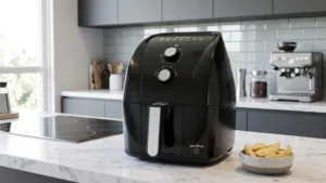 Air fryer Britânia BFR50 Redstone de 5,5 litros preta com controles analógicos em bancada de mármore