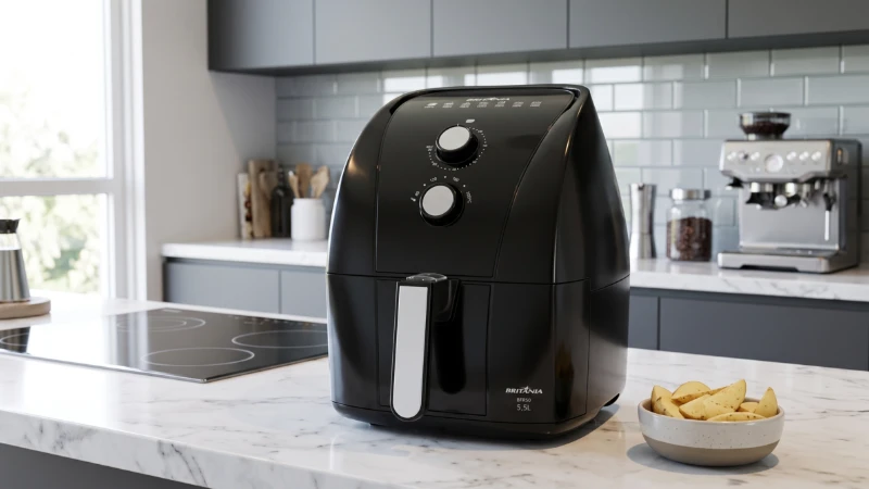 Air fryer Britânia BFR50 Redstone de 5,5 litros preta com controles analógicos em bancada de mármore