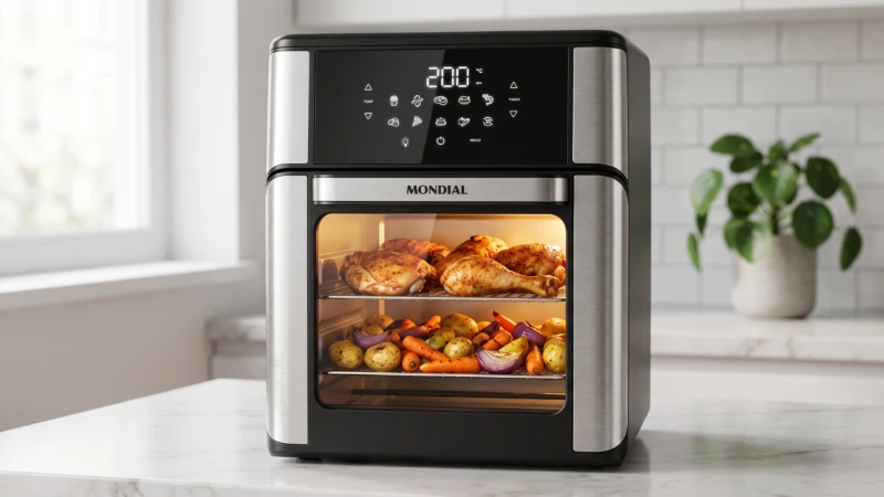 Air fryer Oven Mondial AFON-12L-BI de 12 litros com porta de vidro assando frango e legumes em dois níveis