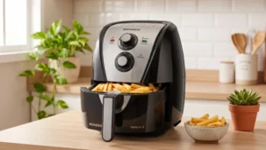 Mondial Family AFN-40-BI preta com painel inox, melhor air fryer custo-benefício do comparativo, com cesto aberto cheio de batatas fritas