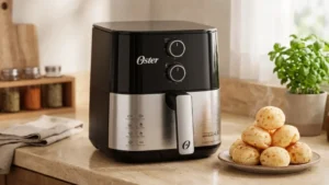 Fritadeira sem óleo Oster Inox Compact OFRT520 de 4,6 litros na bancada da cozinha com pães de queijo