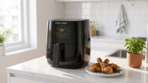 Air fryer Philips Walita Essential XL RI9270 de 6,2 litros com painel digital touch ao lado de coxas de frango assadas