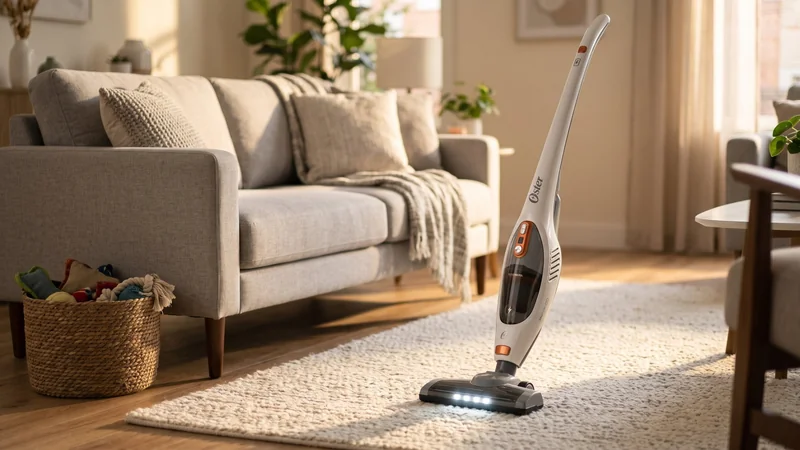 Aspirador vertical sem fio Oster White Duo Clean branco com luz LED sobre tapete