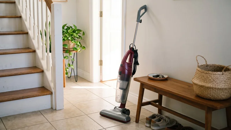 Aspirador vertical WAP High Speed Plus vermelho e cinza encostado na parede do hall