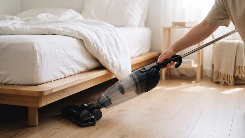 Aspirador vertical WAP Silent Speed Max preto limpando embaixo da cama