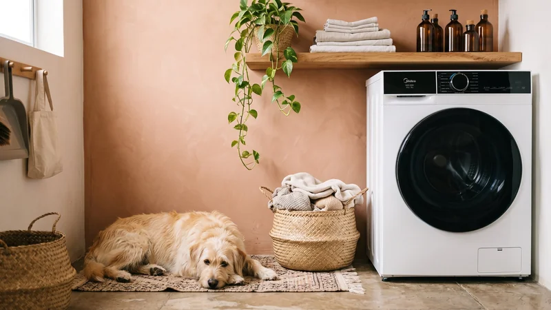 lava e seca Midea Ciclo Pets branca com cachorro deitado no tapete da área de serviço