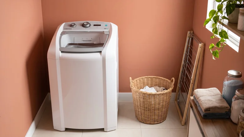 máquina de lavar Brastemp BWR12BB 12 kg água quente ao lado de bancada de madeira na área de serviço