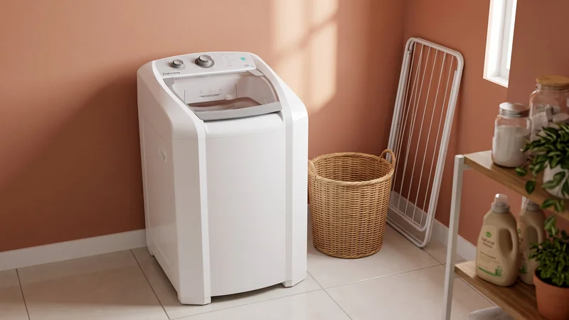 máquina de lavar Colormaq LCA12 12 kg branca em área de serviço terracota com cesto de vime