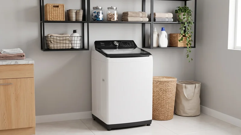máquina de lavar Midea Wave Impeller 12 kg branca em área de serviço com prateleiras pretas