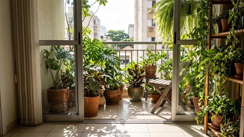 varanda com plantas de folhas grandes fazendo sombra na porta de vidro