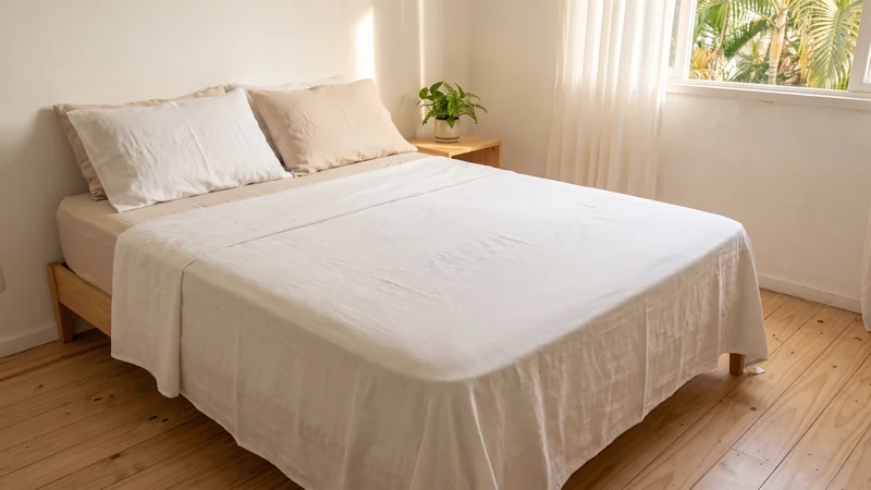 cama com lençol de linho claro e sem manta para o verão