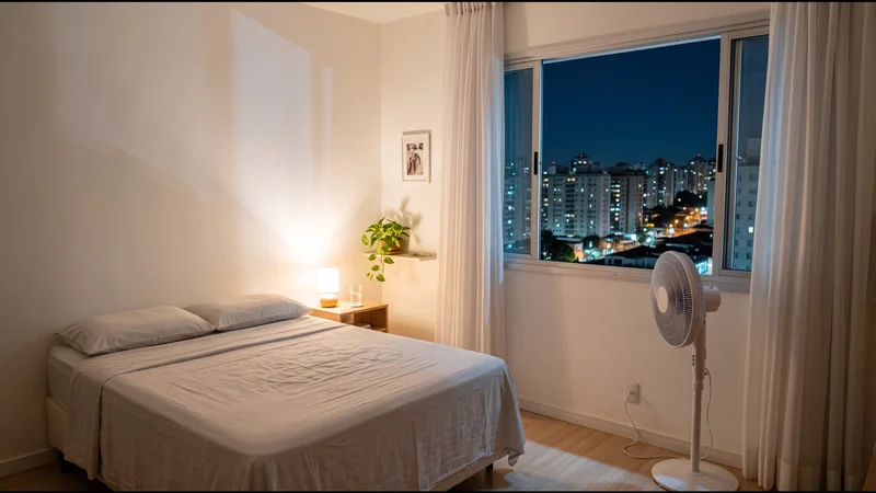 ventilador de coluna perto da janela aberta à noite para puxar o ar fresco