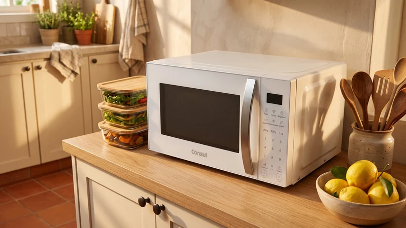 Micro-ondas Consul CMS23AB branco com marmitas de vidro na bancada