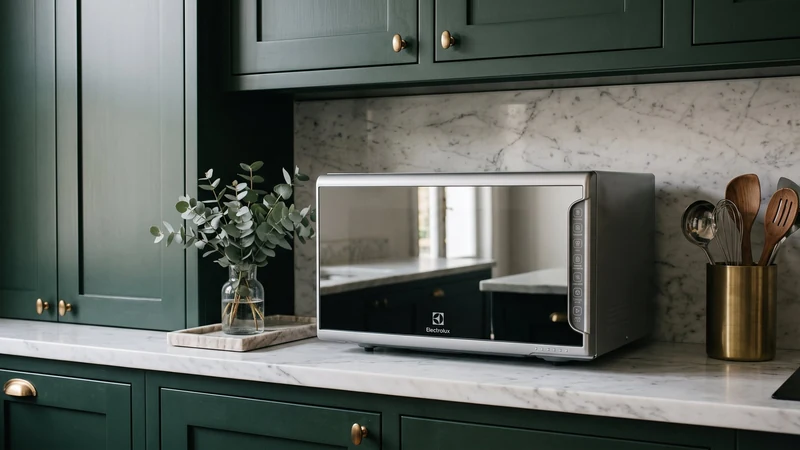 Micro-ondas Electrolux MI41S inox espelhado em cozinha verde com mármore