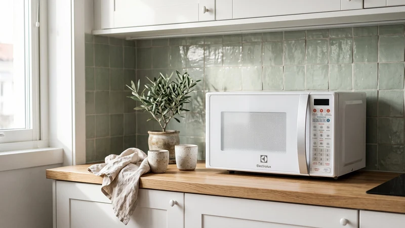 Melhor micro-ondas compacto: Electrolux MTO30 branco em bancada de madeira com azulejo verde