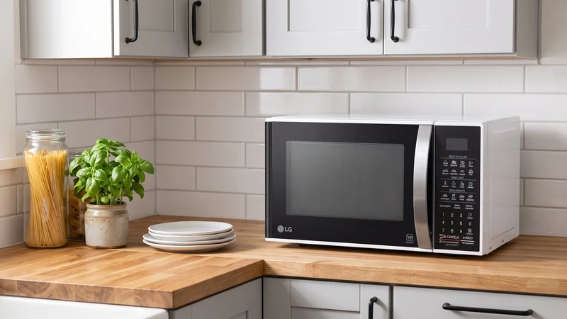 Micro-ondas LG MS3091BC de 30 litros em cozinha branca com bancada de madeira