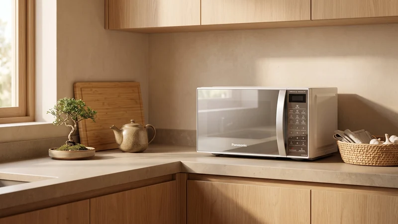 Micro-ondas Panasonic NN-ST27 branco espelhado em cozinha de madeira clara