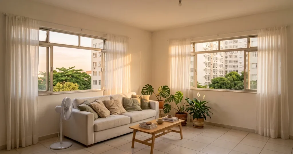 como deixar a casa mais fresca no verão: sala clara com janelas abertas, plantas e ventilador