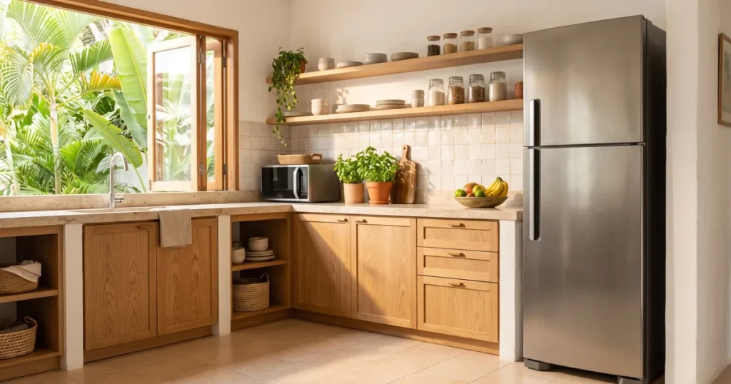 Cozinha clara com geladeira afastada da parede e micro-ondas na bancada: como economizar energia com eletrodomésticos