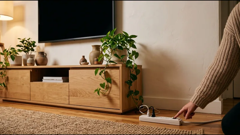 Mão desligando o filtro de linha com interruptor ao lado do rack da TV para economizar energia em casa
