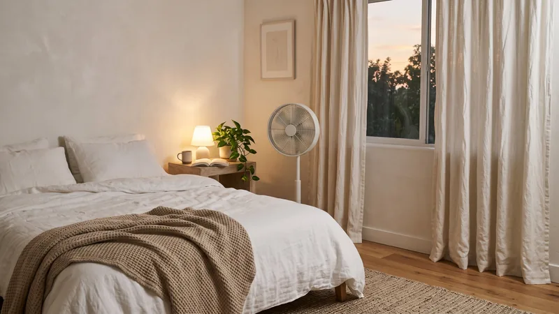 Quarto ao entardecer com ventilador de coluna ao lado da cama e cortinas de linho