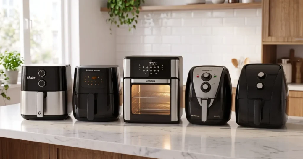 Melhor air fryer 2026: comparativo com Oster Inox Compact, Philips Walita Essential XL, Mondial Oven 12L, Mondial Family e Britânia BFR50 lado a lado na bancada