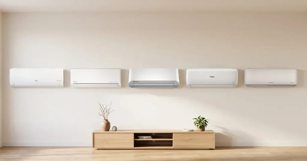 melhor ar-condicionado 12000 BTUs: LG, Midea, Electrolux, Elgin e Agratto lado a lado na parede da sala