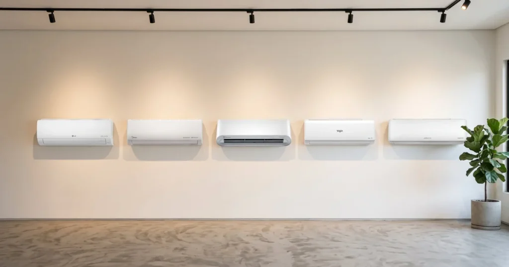 melhor ar-condicionado 9000 BTUs: LG, Midea, Electrolux, Elgin e Agratto lado a lado