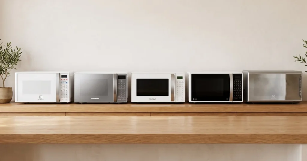 Melhor micro-ondas 2026: Electrolux MTO30, Panasonic ST27, Consul CMS23AB, LG MS3091BC e Electrolux MI41S lado a lado