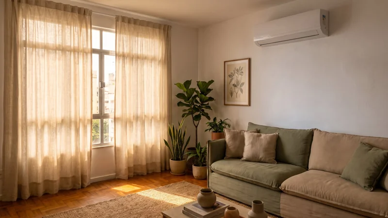 Quanto gasta um ar-condicionado por mês: sala com cortinas de linho filtrando o sol da tarde e ar-condicionado split na parede