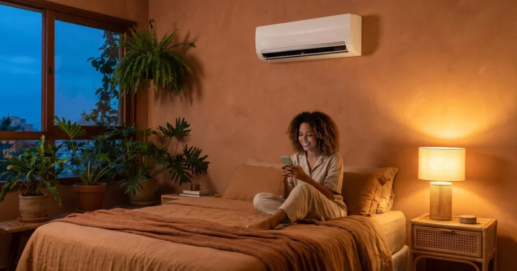 Mulher sentada na cama de um quarto com parede terracota usando o celular, com ar-condicionado split na parede