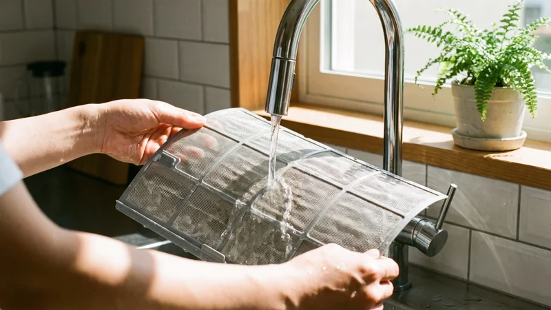 Mãos lavando o filtro de tela do ar-condicionado na torneira da cozinha