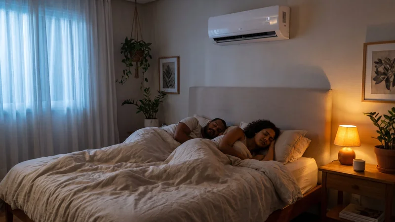 Casal dormindo em quarto escuro com ar-condicionado split ligado acima da cabeceira e abajur aceso