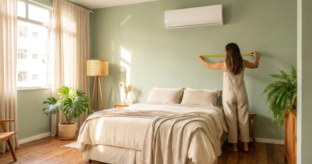 Mulher medindo a parede de um quarto verde-sálvia com trena, com ar-condicionado split instalado acima da cama