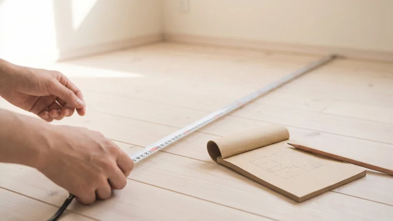 Quantos BTUs eu preciso: mãos medindo o piso do cômodo com trena ao lado de um bloco com a planta desenhada