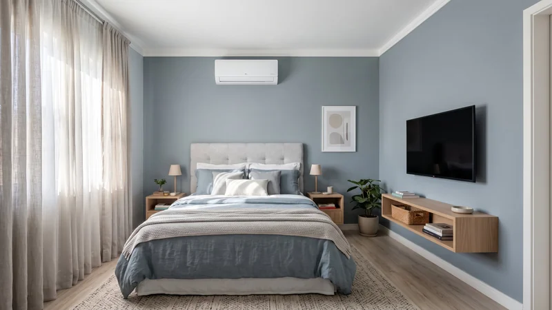 Quarto de casal com paredes azuis, ar-condicionado split acima da cabeceira e TV na parede lateral
