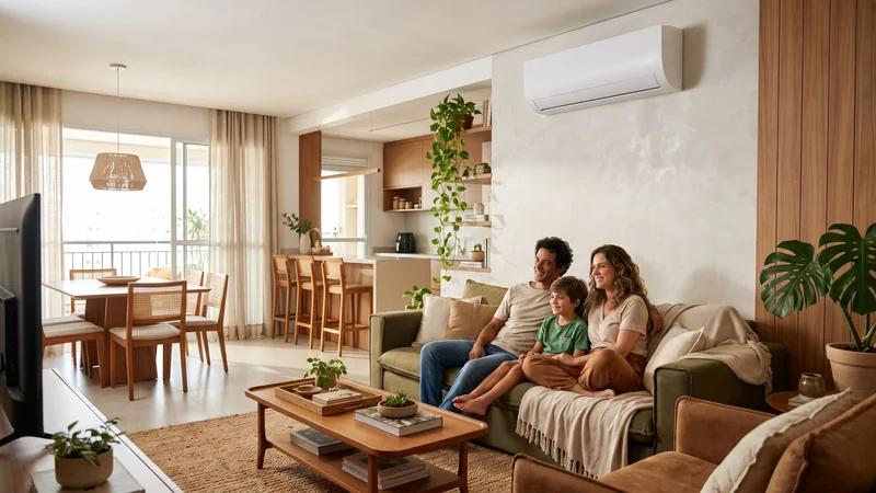 Família no sofá de uma sala integrada com cozinha, com ar-condicionado split na parede principal