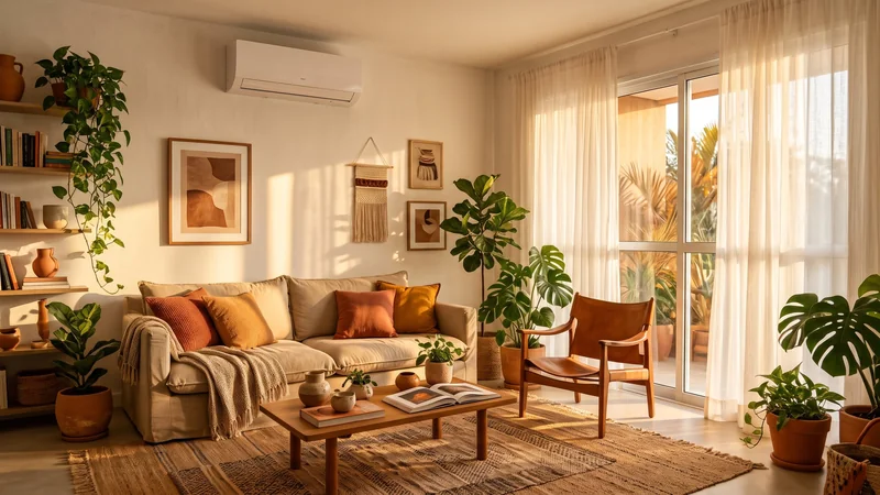 Sala de estar com sol forte da tarde entrando pela janela de cortinas claras e ar-condicionado split na parede