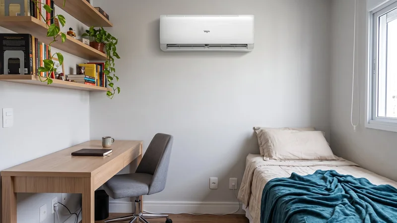 ar-condicionado Elgin Eco Inverter III Wi-Fi 9000 BTUs em quarto com home office