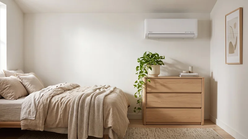 ar-condicionado Midea AI Ecomaster 9000 BTUs em quarto escandinavo