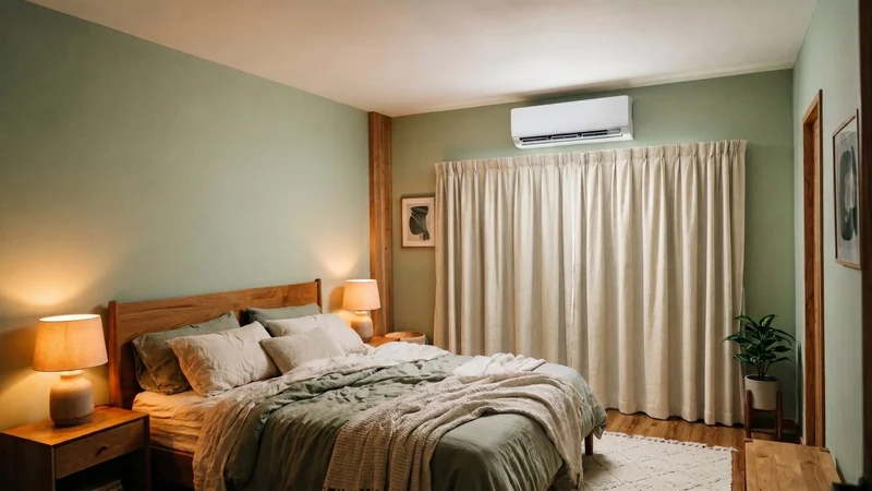 Ar-condicionado split no quarto com cortina clara fechada à noite