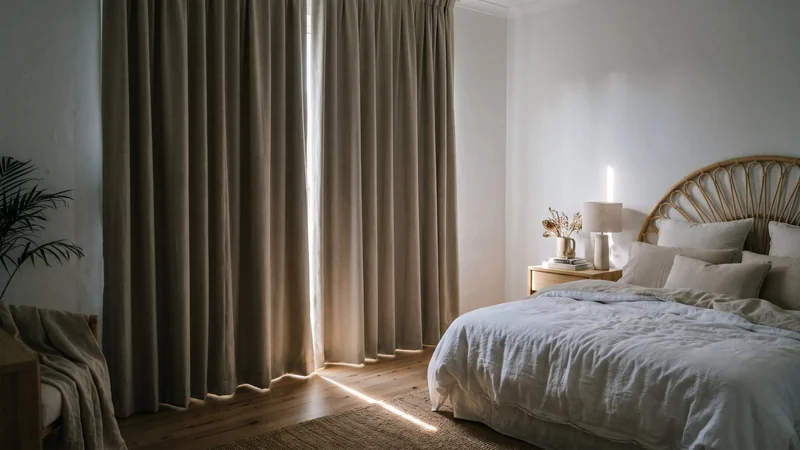 Cortina blackout fechada barrando o sol da tarde no quarto