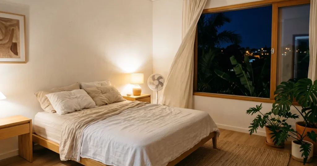 Quarto fresco à noite com janela aberta, ventilador e roupa de cama leve